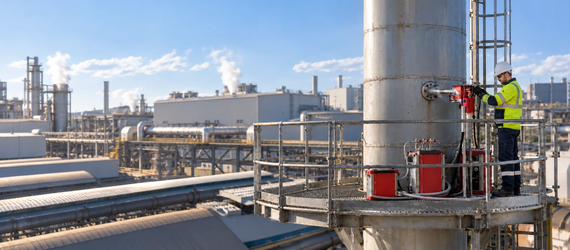 Servicemonteur stelt een gasanalyser af op het meetplatform van een schoorsteen